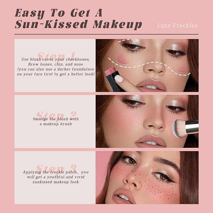 Cream Blush Stick Freckle Tattoo Sunkissed Makeup Set, Waterproof Buildable Lightweight Solid Blush for Cheeks Lip Eyes Matte Finish, 3 PCS Natural Temporary Fake Freckle Patches Stickers