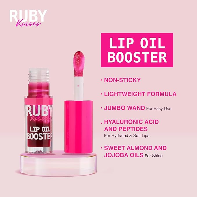 Ruby Kisses Lip Oil Booster, Hydrating Lip Gloss with Nourishing Natural Oil Blend, Jumbo Wand for Easy Application, Non-Sticky Formula