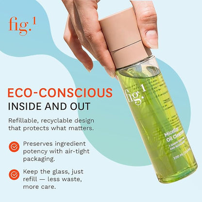 Fig.1 Hydrating Oil Cleanser for Face – Micellar Makeup Remover with Grapeseed & Squalane, Deep Cleansing Oil-Based Formula, Non-Stripping & Refillable, 3.4 oz