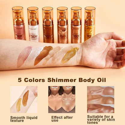 PHOERA Body Shimmer Oil,Waterproof Long Lasting Moisturizing Body Luminizer Glow Body Illuminator Highlighter for Face with Makup Bursh, 1oz/Jars (102 Metallic Gold)