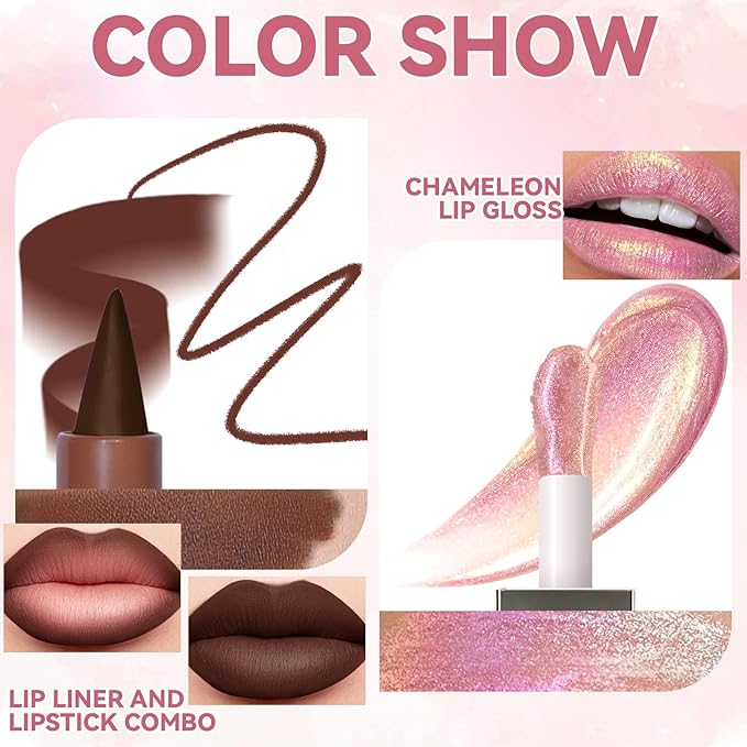 Glitter 2 in 1 Lip Liner and Chameleon Lip Gloss Combo, Gradient Dark Brown Lipstick Plumping Lip Pencil Sparkly Liquid Lip Stain Set, Moisturizing Smooth High Shine Lip Combo Lip Makeup
