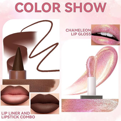 Glitter 2 in 1 Lip Liner and Chameleon Lip Gloss Combo, Gradient Dark Brown Lipstick Plumping Lip Pencil Sparkly Liquid Lip Stain Set, Moisturizing Smooth High Shine Lip Combo Lip Makeup