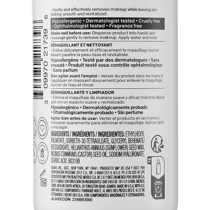 Almay Moisturizing Makeup Remover, Dermatologist Tested and Fragrance-Free, Hypoallergenic Cleanser, Removes Regular and Longwear Formulas, 4 Fl Oz (1 Pack)