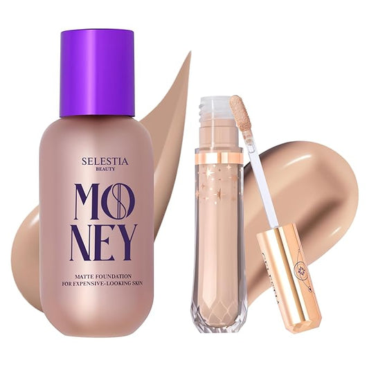 Liquid Foundation & Under Eye Concealer - Make Up Set for Flawless Warm Tone Skin Base - Matte Foundation (Cloud) and Liquid Concealer (Panna Cota)