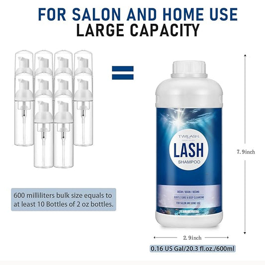 600ml Lash Shampoo Bulk, Eyelash Extensions Cleanser for Extensions, Safe Makeup Remover, Non-irritating or Burning Formula Eyelid Foaming Cleanser Best for Professional Salon and Home Use (Ocean)