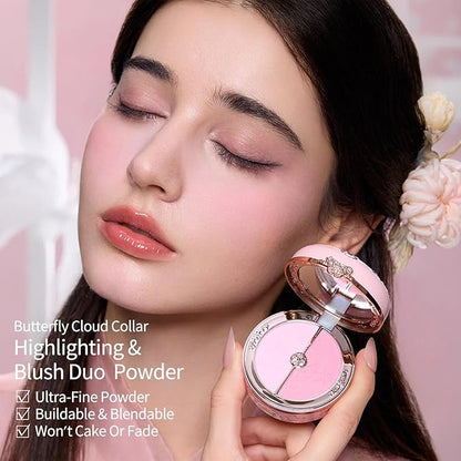 Flower Knows Butterfly Cloud Collar Rouge Box Highlighting & Blush Duo Powder 03 Pastel Lotus+Butterfly Cloud Collar Angled Powder Brush Frosty Wisteria