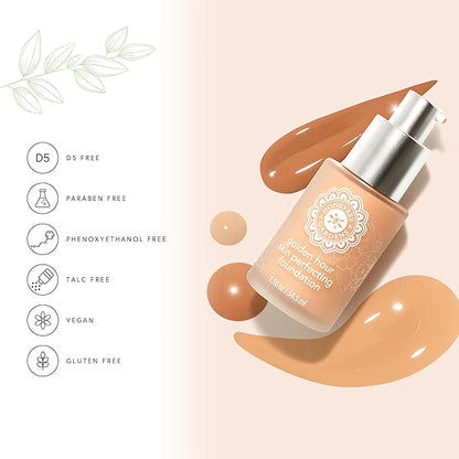 Honeybee Gardens Golden Hour Foundation in Malibu, Medium Shade, Skin-Perfecting, Luminous Finish, Vegan, 34.5ml