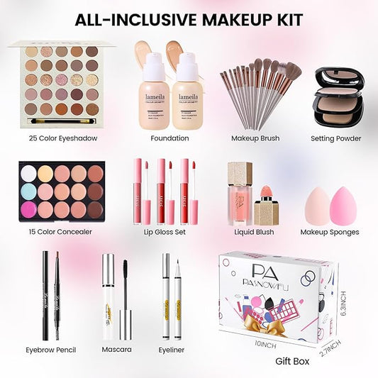 Makeup Kit for Women - Full Kit for Beginners Teens Girls, Includes 25 Colors Matte & Shimmer Eyeshadow Palettes, Blush Palette, Lip Gloss Set