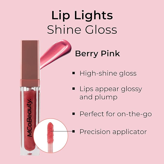 MCoBeauty LipLights Shine Gloss, Berry Pink, High Shine and Color for Irresistible Lips, Vegan, Cruelty Free Cosmetics