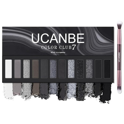 UCANBE Smokey Eyeshadow Palette, Dark Black White Gray Silver Natural Nude Matte Shimmer Eye Shadow Pallet for Smoky Emo Goth Makeup, 12 Color High Pigmented Long Lasting Waterproof Pallete with Brush