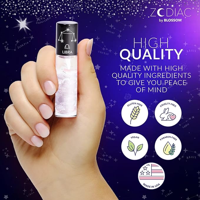 Blossom Lip Gloss Zodiac Sign Vanilla Scented Roll-On Lip Gloss, Moisturizing + Hydrating with Zodiac Crystals, Made in USA, 0.20oz, Libra