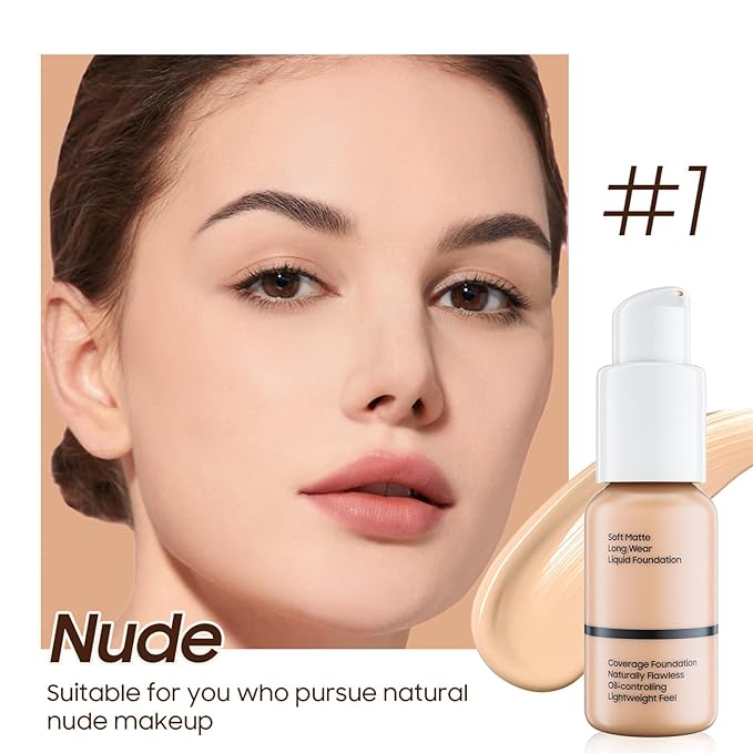 Matte Liquid Foundation Full Coverage - Flawless & Lightweight Matte Oil Control Cream Foundation Makeup Create Flawless Face Makeup for All Skin Types (2 Pack #102 Nude)