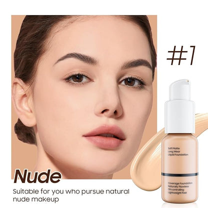Matte Liquid Foundation Full Coverage - Flawless & Lightweight Matte Oil Control Cream Foundation Makeup Create Flawless Face Makeup for All Skin Types (2 Pack #102 Nude)