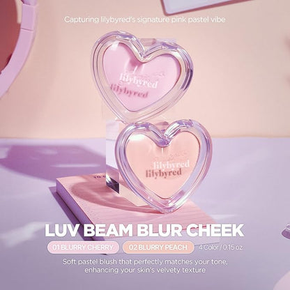 lilybyred Luv Beam Blur Cheek | Heart-Shaped Korean Powder Blush, Silky Texture, Lightweight, Soft Blurring Matte Finish, Long-Lasting, Natural Flush, Cozy Cotton Scent, 0.15 oz. (02 Blurry Peach)