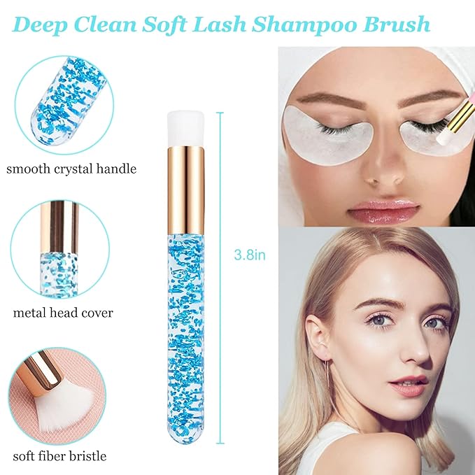Eyelash Cleanser for Extensions, Lash Shampoo Kit with Lash Fan, 30ml Lash Shampoo,Eyelash Extension Brush and Wash Bottle for Lash Bath (Blue)