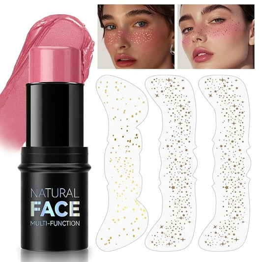Cream Blush Stick Freckle Tattoo Sunkissed Makeup Set, Waterproof Buildable Lightweight Solid Blush for Cheeks Lip Eyes Matte Finish, 3 PCS Natural Temporary Fake Freckle Patches Stickers