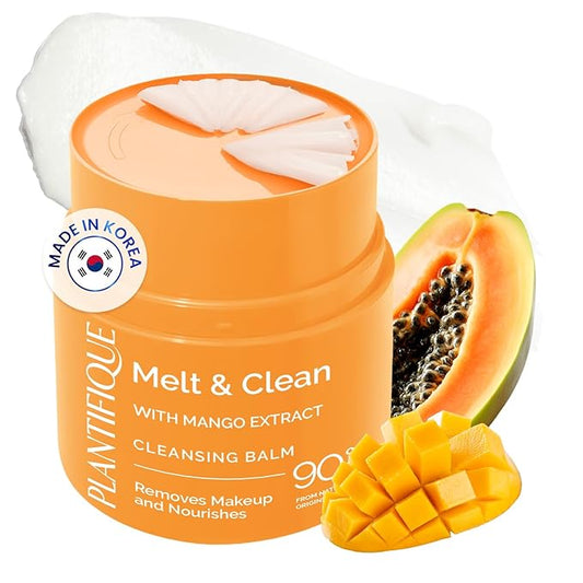 PLANTIFIQUE Korean Cleansing Balm Makeup Remover with Mango & Papaya Extracts, Hyaluronic Acid and Ceramide - Nourishing Melting Cleanser for All Skin Types 1.41 oz / 40 g