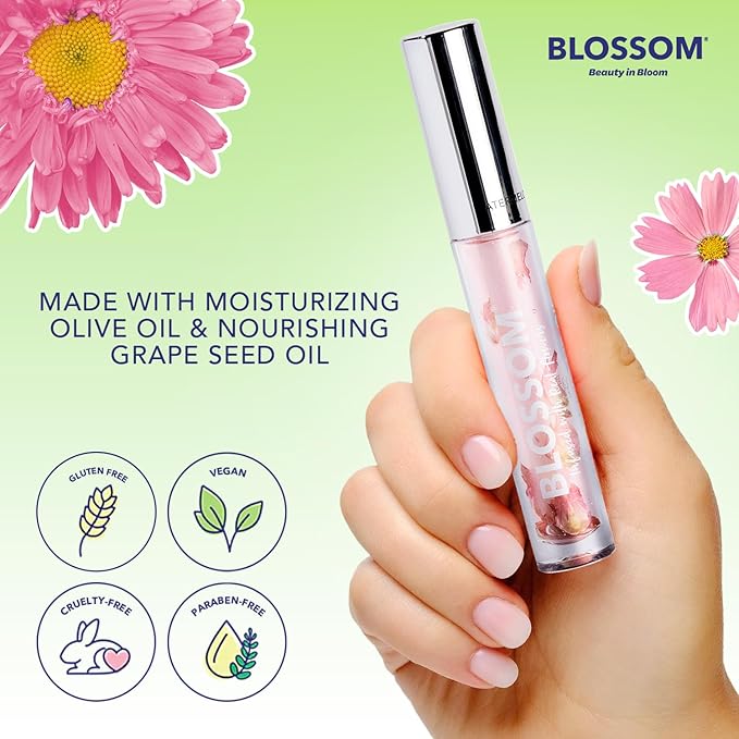 Blossom Lip Oil with Olive Oil + Grape Seed Oil, Moisturizing and Hydrating Shimmer Sparkle, Infused with Real Flowers, 6g, Holiday Stocking Stuffer, 2 pack, Coconut/Watermelon