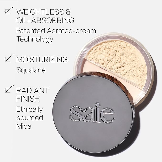 Saie Airset Radiant Loose Setting Powder - Weightless Face Powder to Set, Smooth + Diffuse Face Makeup - Formulated with Hydrating Squalane - Translucent (0.14 oz)