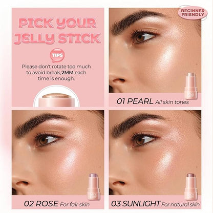 SACE LADY Jelly Highlighter Stick, Face Glow Sticks with Watery Radiant Finish, Easy Blend & Long Lasting, Multi-Use Cream Highlighter Makeup 3 Colors (02 ROSE, 1pc)