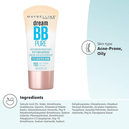 Maybelline Dream Pure Skin Clearing BB Cream, 8-in-1 Skin Perfecting Beauty Balm With 2% Salicylic Acid, Sheer Tint Coverage, Oil-Free, Light/Medium, 1 Count (Pack of 2)