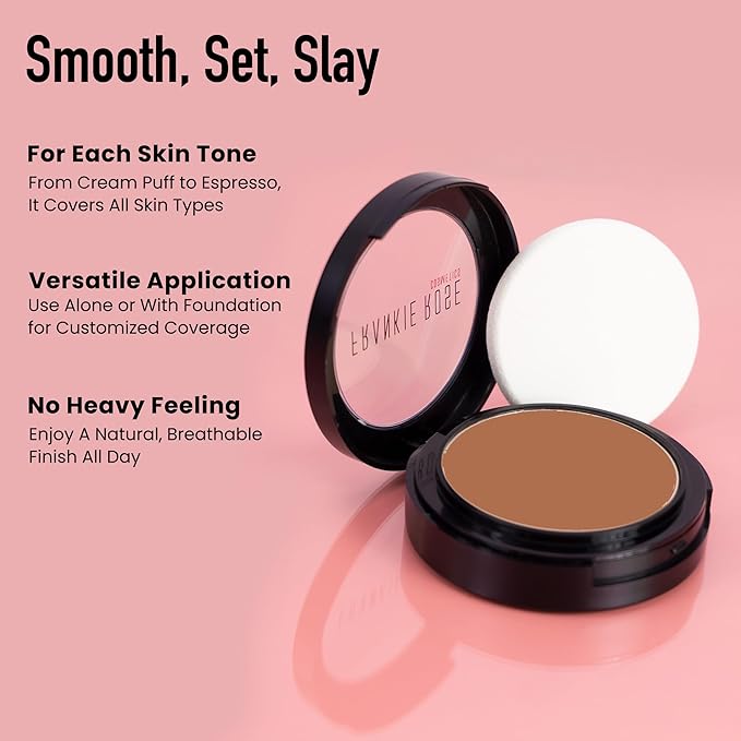 Frankie Rose Cosmetics Powder Foundation – Full Coverage Face Powder For Pores & Imperfections, Evens Out Skin Tone & Shine-Control | 58 Grams (Bronze)