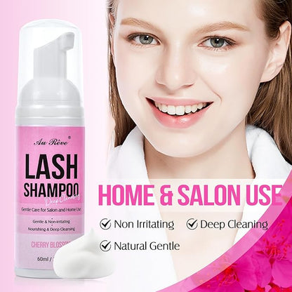 Lash Shampoo for Lash Extensions 60 Ml/2fl.oz Eyelash Extension Cleanser Oil Free Lash Cleanser for Eyelash Care, Gentle Foaming Eyelash Shampoo with Brush for Salon Home Care (Cherry Blossmom 60ml)