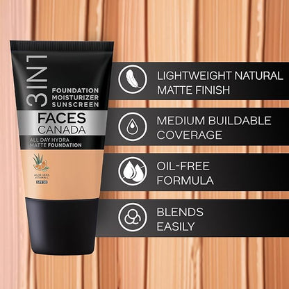 Faces Canada 3-in-1 Matte Foundation with SPF 30 | Lightweight Hydrating Formula with Aloe Vera & Vitamin C | Long-Lasting Medium Coverage Makeup & Sun Protection | 0.51 Fl Oz (15ml)