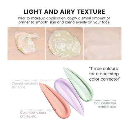 3 In 1 Poreless Face Primer, One Step Color Corrector Face Primer, Hydrating Primer for Face Before Makeup Oil Control & Moisturizing Redness Corrector for Face Skin Tone Correcting Long Lasting