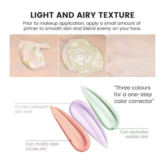 3 In 1 Poreless Face Primer, One Step Color Corrector Face Primer, Hydrating Primer for Face Before Makeup Oil Control & Moisturizing Redness Corrector for Face Skin Tone Correcting Long Lasting