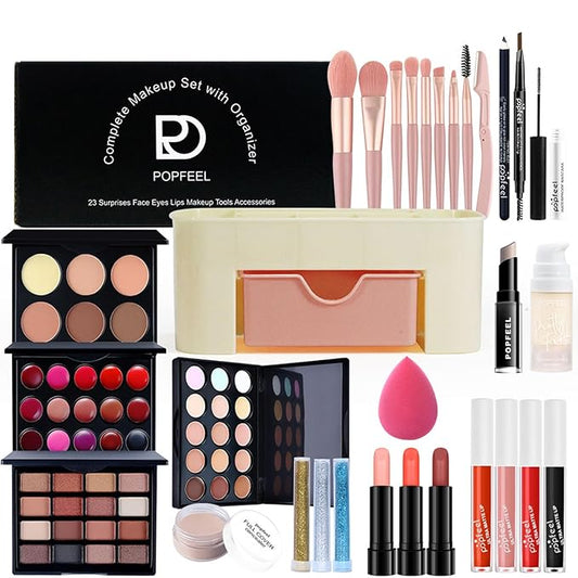 All in One Makeup Kit for Women Full Kit Girls Makeup Gift Sets Xmas Essential Bundle Include Eyeshadow Palette Lipstick Blush Concealer Eyeliner Mascara Foundation Brush Eyebrow Pencil
