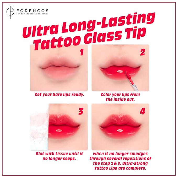 FORENCOS Tattoo Glass Lip Gloss Tint, Korean Glossy Tint/Stain, High Pigmentation, Glasting Shine, Long Lasting, Moisturizing, Lightweight, Non-Sticky Formula (01 Cerise)