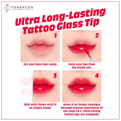 FORENCOS Tattoo Glass Lip Gloss Tint, Korean Glossy Tint/Stain, High Pigmentation, Glasting Shine, Long Lasting, Moisturizing, Lightweight, Non-Sticky Formula (01 Cerise)