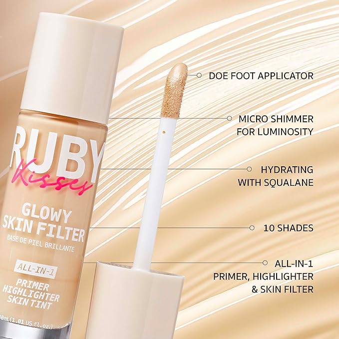 Ruby Kisses Glowy Skin Filter Foundation - All-in-1 Primer, Skin Tint & Highlighter, Hydrating Light Coverage with Squalane, Natural Dewy Finish, Luminous & Radiant Glow (Deep)