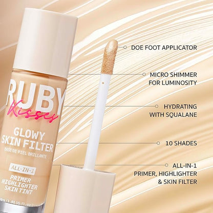 Ruby Kisses Glowy Skin Filter Foundation - All-in-1 Primer, Skin Tint & Highlighter, Hydrating Light Coverage with Squalane, Natural Dewy Finish, Luminous & Radiant Glow (Deep)
