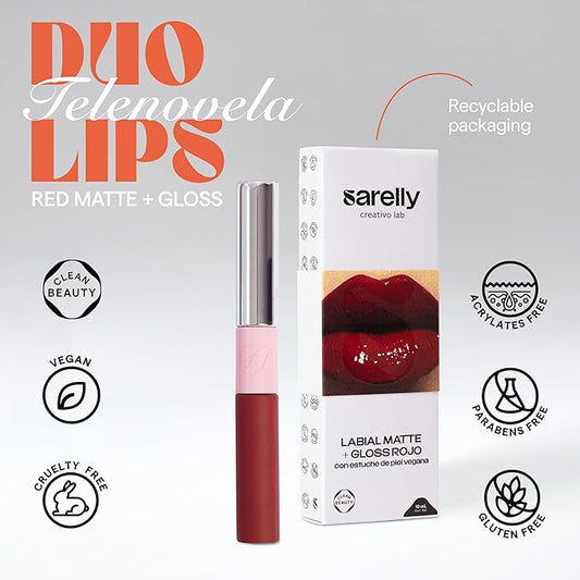 SARELLY CREATIVO LAB | Duo Telenovela Lips Matte & Gloss Lip Kit | Hydrating Red Lipstick + Non-Sticky Gloss | Cruelty Free