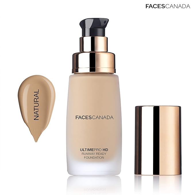 Faces Canada HD Runway Ready Foundation, Red Orange Extract & Gold particles, High Coverage, Oil-Free, Flawless Radiance, Vegan & Cruelty Free, Paraben Free, Natural 02 (Beige), 1.01 Fl Oz