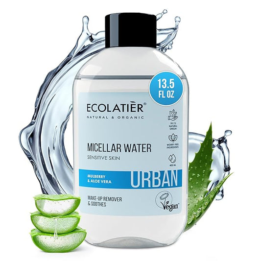 Micellar Water for Sensitive Skin with Organic Aloe Vera - 99.1% Natural Ingredients, Vegan, Hydrating Facial Cleanser & Micellar water Makeup Remover - 13.5 Fl Oz - ECOLATIER