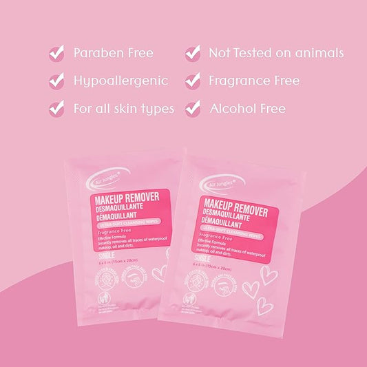 Air Jungles Makeup Remover Wipes Singles 30 Pack, 750 Wipes, Extra Large 6" x 8", Fragrance-Free, Removes Makeup and Oil, Ultra Soft Cleansing Wipes, Alcohol Free