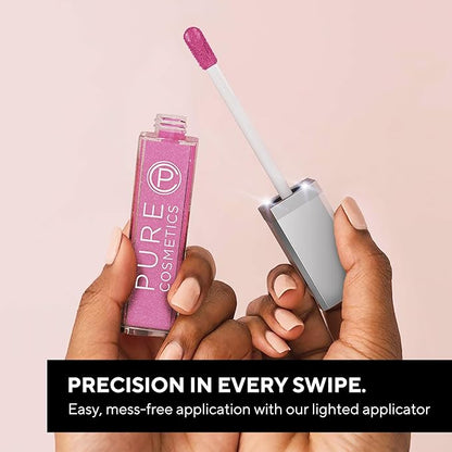 Pure Cosmetics Pure Illumination Lip Gloss - LED-lit Applicator w/Side Mirror - Non-Sticky, Moisturizing & Hydrating Lip Glosses - Soothes & Protects Dry Chapped Lips (Wine Berry)