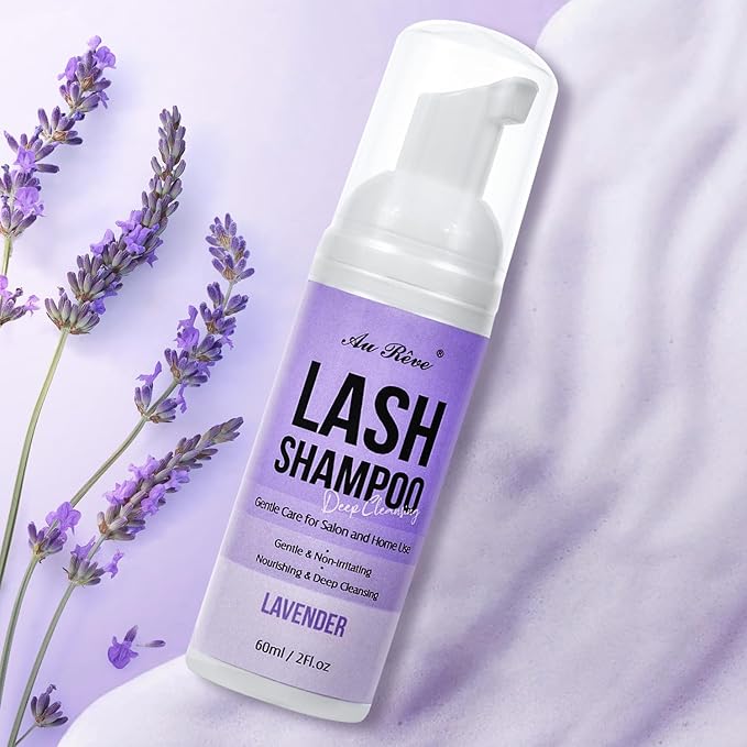 Lash Shampoo for Lash Extensions 60 Ml/2fl.oz Eyelash Extension Cleanser Oil Free Lash Cleanser for Eyelash Care, Gentle Foaming Eyelash Shampoo with Brush for Salon Home Care (Lavender 60ml)