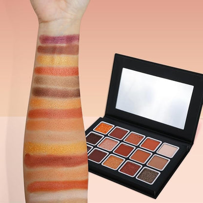 15 Colors Eyeshadow Palette Matte Shimmer Glitter, Highly Pigmented Eye Makeup, Warm Neutral Brown Red Shades, Blendable & Waterproof Eye Shadow Kit for Daily Wear, Smokey, Glam & Party Looks