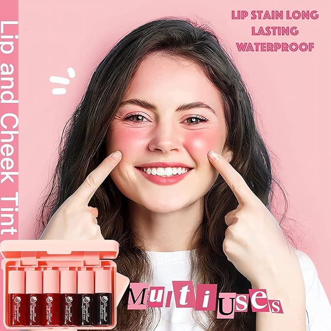 6 Colors Lip Tint Stain Set, Korean Lip Stain Mini Liquid Lipstick, Lip and Cheek Tint, Long lasting Non-Stick Cup Waterproof Makeup