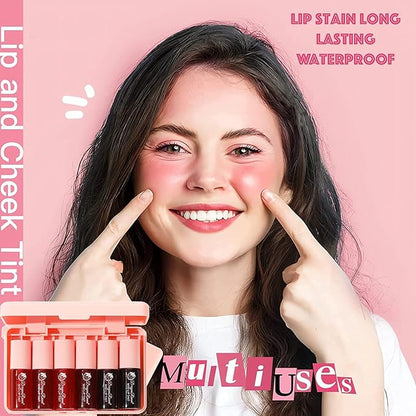 6 Colors Lip Tint Stain Set, Korean Lip Stain Mini Liquid Lipstick, Lip and Cheek Tint, Long lasting Non-Stick Cup Waterproof Makeup