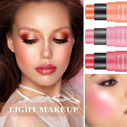 3 Pcs Cream Blush Stick with Brush,Waterproof Multi Cream Makeup Stick,Lightweight,Long-lasting,2 in 1 Multi Blush for Cheeks & Lip Tint & Eyeshadow Makeup,Suitable for All Skin