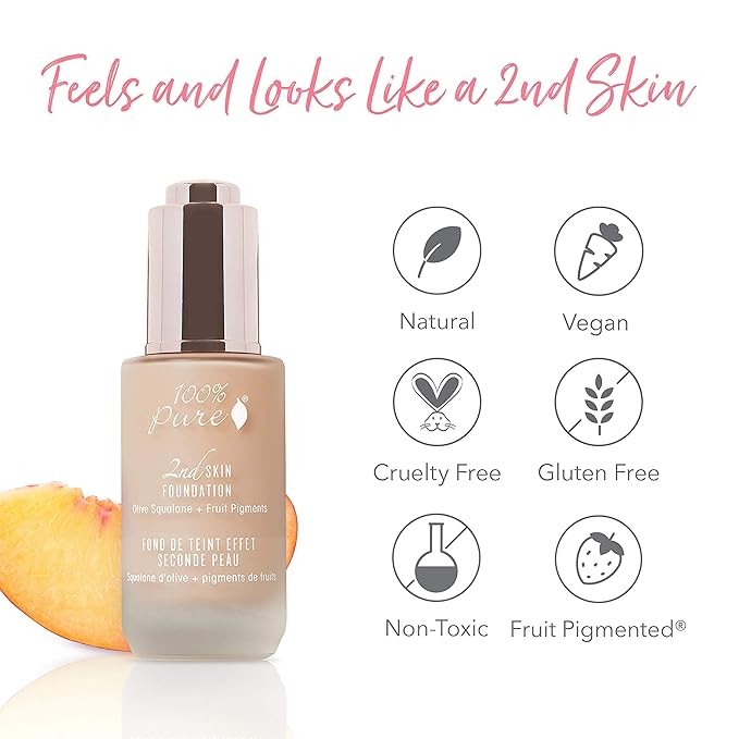 100% PURE 2nd Skin Foundation, Shade 4, Full Coverage, Lightweight, Blendable Formula, Satin Finish, Absorbs Oil, Anti-Aging, Natural, Vegan Makeup (Warm w/Olive Undertone) - 1.18 Fl Oz