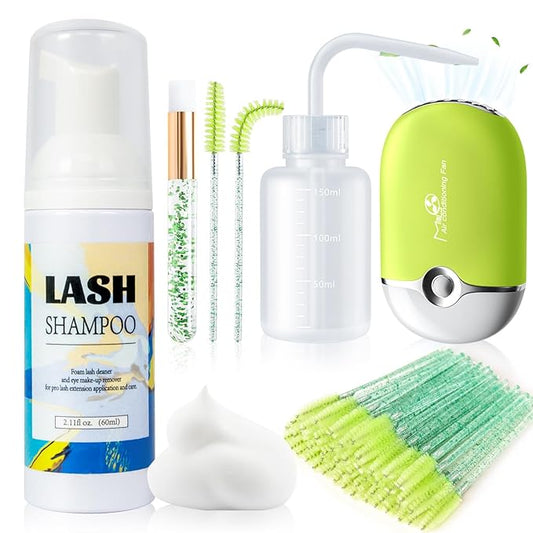 Buqikma Lash Shampoo 60ml - Lash Cleaning Kit Gentle Foam Eyelash Extension Cleanser USB Mini Lash Fan Rinse Bottle Mascara Brush Cleaning Brush Salon Lash Wash at Home Gift for Women Girls (Green)