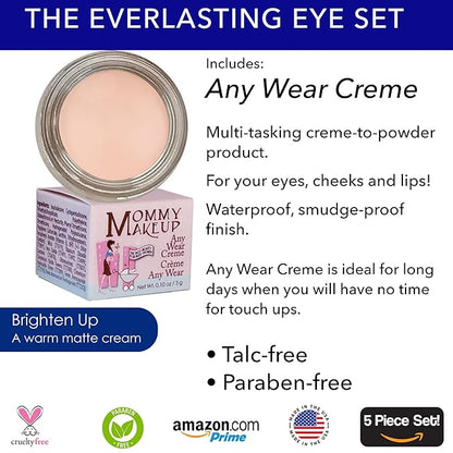 The Everlasting Eye 5 Piece Waterproof Makeup Set. Gel Eyeliner, Creme Eyeshadow, 2 brushes and Mesh Bag. Paraben-free, Talc-free, Cruelty-free. Brighten Up/Chocolate Kiss 2202