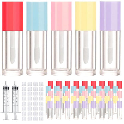 50pcs 2.5ml Empty Lip Gloss Containers Lip Gloss Tubes with Wand Cute 0.08oz Clear Refillable Lipgloss Making Supplies Kit for DIY Makeup+ 2pcs Syringes