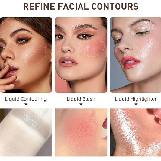 MEICOLY Soft Pinch Liquid Blush & Dewy Cheek Tint, Matte Finish Liquid Contour, Highlight Bronzer Stick Set - Pearl White Highlighter + Rose Pink Blush + Contour
